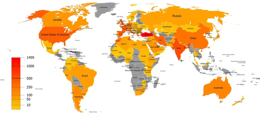 Publication density distribution of the world countries Publication density distribution of the world countries