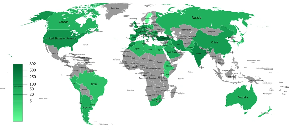 World countries according to the productivity density in hydatid cyst surgery area World countries according to the productivity density in hydatid cyst surgery area