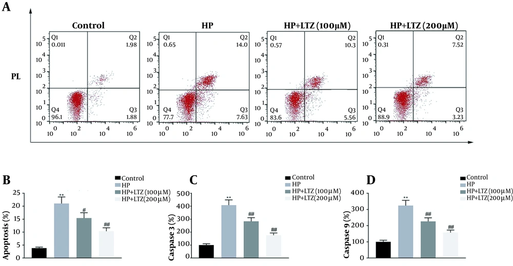 Ligustrazine attenuated <i>Helicobacter pylori</i>-induced apoptosis in GES-1 cell line. (A) Ligustrazine treatment attenuated <i>H. pylori</i>-induced apoptotic rate of GES-1 cell line, as shown by flow cytometry assay. (B) Statistical results according to the results of (A). (C) Ligustrazine treatment attenuated <i>H. pylori</i>-induced activity of caspase-3 in GES-1 cell line. (D) Ligustrazine treatment attenuated <i>H. pylori</i>-induced activity of caspase-9 in GES-1 cell line. ** Vs. control, p < 0.01. #, ## Vs. <i>H. pylori</i>, P < 0.05, P < 0.01. Ligustrazine attenuated <i>Helicobacter pylori</i>-induced apoptosis in GES-1 cell line. (A) Ligustrazine treatment attenuated <i>H. pylori</i>-induced apoptotic rate of GES-1 cell line, as shown by flow cytometry assay. (B) Statistical results according to the results of (A). (C) Ligustrazine treatment attenuated <i>H. pylori</i>-induced activity of caspase-3 in GES-1 cell line. (D) Ligustrazine treatment attenuated <i>H. pylori</i>-induced activity of caspase-9 in GES-1 cell line. ** Vs. control, p < 0.01. #, ## Vs. <i>H. pylori</i>, P < 0.05, P < 0.01.