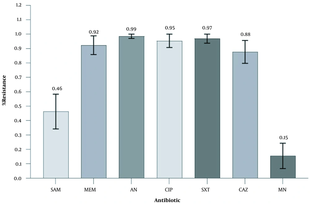 Antibiotics resistance patterns in <i>Acinetobacter baumannii</i> isolates. Notably, out of 65 isolates, 10 (15.38%) and 30 (46.15%) strains were susceptible to MN and SAM, respectively. Bars represent mean ± standard deviation (SD). The numbers on the bars represent percentages. Antibiotics resistance patterns in <i>Acinetobacter baumannii</i> isolates. Notably, out of 65 isolates, 10 (15.38%) and 30 (46.15%) strains were susceptible to MN and SAM, respectively. Bars represent mean ± standard deviation (SD). The numbers on the bars represent percentages.