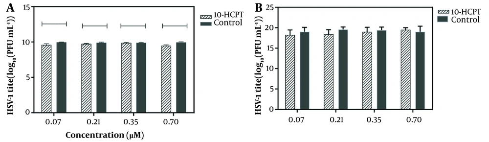 The effect of (S)-10-hydroxycamptothecin on the virus, A, adsorption; and B, penetration steps of entry. This procedure was described in the Methods Section. The data represent the results of independent experiments performed 3 times. Statistically, the significant value between the treated group and dimethyl sulfoxide-treated group as control was evaluated by a Student <i>t</i> test as follows: ns, ***, P < 0.001 or ****, P < 0.0001. The effect of (S)-10-hydroxycamptothecin on the virus, A, adsorption; and B, penetration steps of entry. This procedure was described in the Methods Section. The data represent the results of independent experiments performed 3 times. Statistically, the significant value between the treated group and dimethyl sulfoxide-treated group as control was evaluated by a Student <i>t</i> test as follows: ns, ***, P < 0.001 or ****, P < 0.0001.