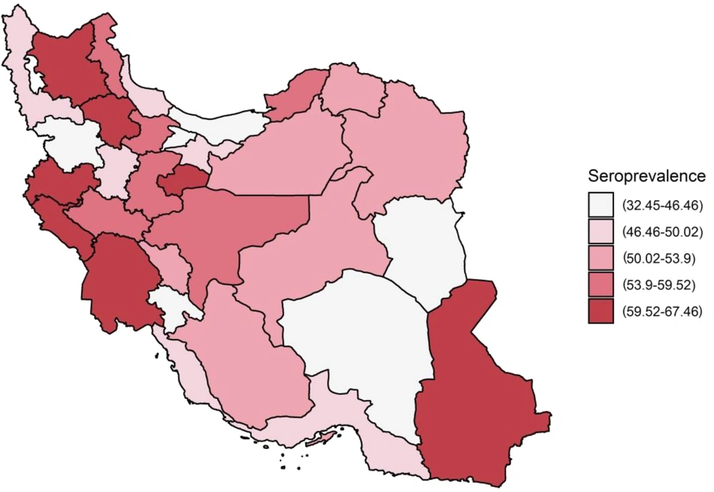 Weighted seroprevalence adjusted for SARS-CoV-2 test performance (95% CI) in all 31 provinces, Iran, 25 August 2021 to 15 September 2021. Note: Weighted estimate based on gender and age groups of the population in each estimate adjusted for sensitivity (98.97%) and specificity of the test (99.42%) obtained from the previous study in wave three of the pandemic (<a href="#A135768REF11">11</a>). The seroprevalence was categorized based on the first, second, and third quintiles. Weighted seroprevalence adjusted for SARS-CoV-2 test performance (95% CI) in all 31 provinces, Iran, 25 August 2021 to 15 September 2021. Note: Weighted estimate based on gender and age groups of the population in each estimate adjusted for sensitivity (98.97%) and specificity of the test (99.42%) obtained from the previous study in wave three of the pandemic (<a href="#A135768REF11">11</a>). The seroprevalence was categorized based on the first, second, and third quintiles.