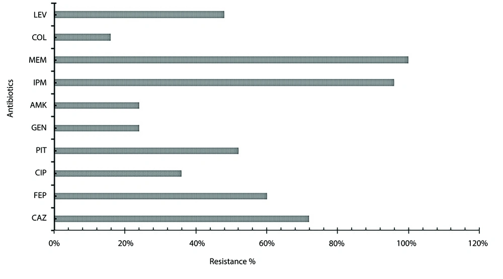 Antibiotic resistance percentage of <i>Pseudomonas aeruginosa</i> clinical isolates. Figure 1 represents the clinical isolates of <i>P. aeruginosa</i>, which showed the highest resistance with antibiotic meropenem (MEM) and imipenem (IPM) (96 - 100%), moderate resistance with antibiotics ceftazidime (CAZ), cefepime (FEP), piperacillin-tazobactam (PIT), and levofloxacin (LEV) (72 - 48%) and the least resistance were observed with antibiotics gentamicin (GEN), amikacin (AMK) and colistin (COL) (24 - 16%). Antibiotic resistance percentage of <i>Pseudomonas aeruginosa</i> clinical isolates. Figure 1 represents the clinical isolates of <i>P. aeruginosa</i>, which showed the highest resistance with antibiotic meropenem (MEM) and imipenem (IPM) (96 - 100%), moderate resistance with antibiotics ceftazidime (CAZ), cefepime (FEP), piperacillin-tazobactam (PIT), and levofloxacin (LEV) (72 - 48%) and the least resistance were observed with antibiotics gentamicin (GEN), amikacin (AMK) and colistin (COL) (24 - 16%).