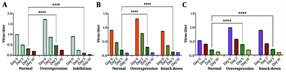 A, titration of rabies virus (RABV) under normal conditions, focal adhesion kinase (FAK) overexpression, and FAK inhibition by an inhibitor. Neuro2a (N2a) cells were transfected with challenge virus standard-11 (CVS-11). In the normal state, supernatants were collected on days 0, 2, 5, and 10 for virus titration using a plaque assay. When FAK was overexpressed by pcDNA-FAK vector transfection or inhibited by PF-573,228 (1 μM), supernatants were collected in the same way, and plaque assays were conducted. Although the changes in virus titer were higher in the FAK overexpression and lower in the FAK inhibition state compared to normal FAK, significant differences were only observed on the fifth day (**** P < 0.0001); B, titration of RABV under normal conditions, heat shock protein 90 (Hsp90) overexpression, and Hsp90 gene knockdown by pEGFP-C1-ShHsp90. The N2a cells were transfected with CVS-11. In the normal state, supernatants were collected on days 0, 2, 5, and 10 for virus titration using a plaque assay. When Hsp90 was overexpressed by pCI-neo–Hsp90 vector transfection or knocked down by pEGFP-C1-ShHsp90, supernatants were collected in the same way, and plaque assays were carried out. Changes in virus titer were higher in the Hsp90 overexpression state compared to the virus titer in the normal state and the Hsp90 knockdown. This was logical because the role of Hsp90 in virus amplification is second only to FAK. Significant differences were only observed on the fifth day (**** P < 0.0001); C, titration of RABV under normal conditions, cell division cycle 37 (Cdc37) overexpression, and Cdc37 gene knocking down by pCDH-CMV-MCS-ShCdc37. The N2a cells were transfected with CVS-11. In normal state, supernatants were collected on days 0, 2, 5, and 10 for virus titration using a plaque assay. When Cdc37 was overexpressed by pCMV-Script-Cdc37 vector transfection or knocked down by pCDH-CMV-MCS-ShCdc37, supernatants were collected in the same way, and plaque assays were carried out. Changes in the virus titer were higher in the Cdc37 overexpression and Cdc37 knockdown states compared to the normal state. This was logical because the role of Cdc37 in virus amplification is cooperative concerning Hsp90 and is of third-degree importance to FAK. Significant differences were observed only on the fifth day (**** P < 0.0001). A, titration of rabies virus (RABV) under normal conditions, focal adhesion kinase (FAK) overexpression, and FAK inhibition by an inhibitor. Neuro2a (N2a) cells were transfected with challenge virus standard-11 (CVS-11). In the normal state, supernatants were collected on days 0, 2, 5, and 10 for virus titration using a plaque assay. When FAK was overexpressed by pcDNA-FAK vector transfection or inhibited by PF-573,228 (1 μM), supernatants were collected in the same way, and plaque assays were conducted. Although the changes in virus titer were higher in the FAK overexpression and lower in the FAK inhibition state compared to normal FAK, significant differences were only observed on the fifth day (**** P < 0.0001); B, titration of RABV under normal conditions, heat shock protein 90 (Hsp90) overexpression, and Hsp90 gene knockdown by pEGFP-C1-ShHsp90. The N2a cells were transfected with CVS-11. In the normal state, supernatants were collected on days 0, 2, 5, and 10 for virus titration using a plaque assay. When Hsp90 was overexpressed by pCI-neo–Hsp90 vector transfection or knocked down by pEGFP-C1-ShHsp90, supernatants were collected in the same way, and plaque assays were carried out. Changes in virus titer were higher in the Hsp90 overexpression state compared to the virus titer in the normal state and the Hsp90 knockdown. This was logical because the role of Hsp90 in virus amplification is second only to FAK. Significant differences were only observed on the fifth day (**** P < 0.0001); C, titration of RABV under normal conditions, cell division cycle 37 (Cdc37) overexpression, and Cdc37 gene knocking down by pCDH-CMV-MCS-ShCdc37. The N2a cells were transfected with CVS-11. In normal state, supernatants were collected on days 0, 2, 5, and 10 for virus titration using a plaque assay. When Cdc37 was overexpressed by pCMV-Script-Cdc37 vector transfection or knocked down by pCDH-CMV-MCS-ShCdc37, supernatants were collected in the same way, and plaque assays were carried out. Changes in the virus titer were higher in the Cdc37 overexpression and Cdc37 knockdown states compared to the normal state. This was logical because the role of Cdc37 in virus amplification is cooperative concerning Hsp90 and is of third-degree importance to FAK. Significant differences were observed only on the fifth day (**** P < 0.0001).