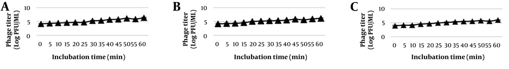 One-step growth curves of phages PhSal01, PhSal04, and PhSal06: One-step growth curves showing the latency periods of A, PhSal01 (25 minutes); B, PhSal04 (20 minutes); and C, PhSal06 (10 minutes). One-step growth curves of phages PhSal01, PhSal04, and PhSal06: One-step growth curves showing the latency periods of A, PhSal01 (25 minutes); B, PhSal04 (20 minutes); and C, PhSal06 (10 minutes).