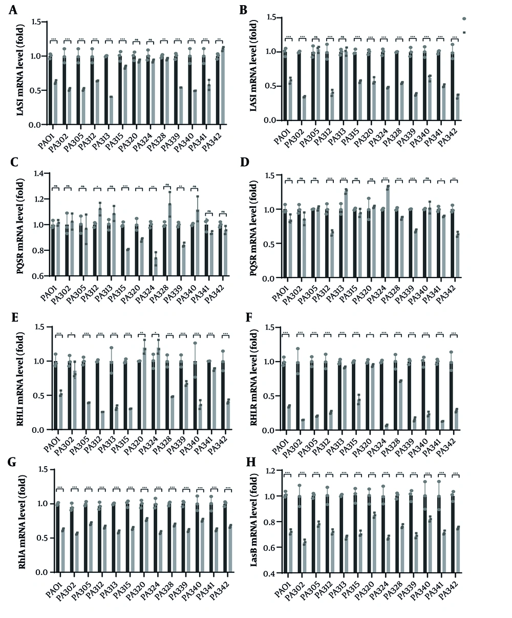 Fosfomycin (FOM) downregulates quorum sensing (QS) gene expression in Multidrug-resistant <i>Pseudomonas aeruginosa</i> (MDR-PA). Relative expression (ΔΔCt) of A, lasI; B, lasR; C, pqsE; D, pqsR; E, rhlI; F, rhlR; G, rhlA; and H, LasB in MDR-PA strains cultured 20 h with 1/8 MIC FOM (PA-F) versus untreated control (PA-C, set to 1). Data are mean ± SD (n = 3); * P < 0.01; ** P < 0.01; *** P < 0.001. Fosfomycin (FOM) downregulates quorum sensing (QS) gene expression in Multidrug-resistant <i>Pseudomonas aeruginosa</i> (MDR-PA). Relative expression (ΔΔCt) of A, lasI; B, lasR; C, pqsE; D, pqsR; E, rhlI; F, rhlR; G, rhlA; and H, LasB in MDR-PA strains cultured 20 h with 1/8 MIC FOM (PA-F) versus untreated control (PA-C, set to 1). Data are mean ± SD (n = 3); * P < 0.01; ** P < 0.01; *** P < 0.001.