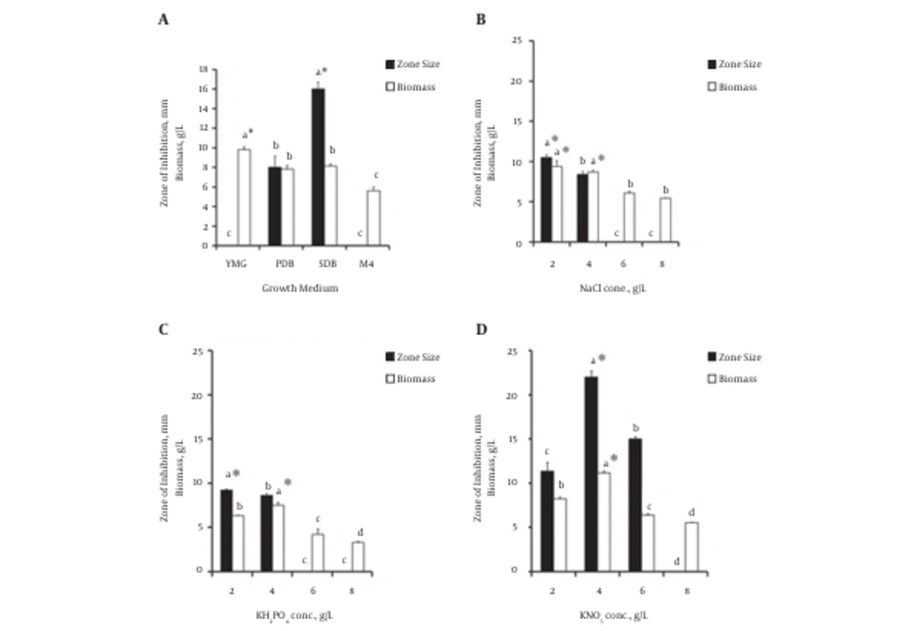 A, Effect of growth media on the growth and production of antimicrobial metabolites from endophytic fungal isolate NF15. The error bars indicate the standard deviation among the treatments. The bars tagged with the same alphabetic letter do not differ significantly at a 95% confidence level, while the letters followed by the asterisk symbol (*) denote significantly higher values (P < 0.05). B - D, Effect of different salts at varying concentrations on the growth and production of antimicrobial metabolites from endophytic fungal isolate NF15. B, Effect of NaCl, C, effect of KH<sub>2</sub>PO<sub>4</sub>, and D, effect of KNO<sub>3</sub>. The error bars indicate the standard deviation among treatments. The bars tagged with the same alphabetic letter do not differ significantly at a 95% confidence level, while the letters followed by the asterisk symbol (*) denote significantly higher values (P < 0.05). A, Effect of growth media on the growth and production of antimicrobial metabolites from endophytic fungal isolate NF15. The error bars indicate the standard deviation among the treatments. The bars tagged with the same alphabetic letter do not differ significantly at a 95% confidence level, while the letters followed by the asterisk symbol (*) denote significantly higher values (P < 0.05). B - D, Effect of different salts at varying concentrations on the growth and production of antimicrobial metabolites from endophytic fungal isolate NF15. B, Effect of NaCl, C, effect of KH<sub>2</sub>PO<sub>4</sub>, and D, effect of KNO<sub>3</sub>. The error bars indicate the standard deviation among treatments. The bars tagged with the same alphabetic letter do not differ significantly at a 95% confidence level, while the letters followed by the asterisk symbol (*) denote significantly higher values (P < 0.05).