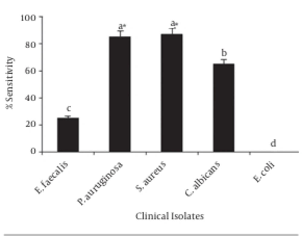 Sensitivity Pattern of Partially Purified Product (Ethyl Acetate Fraction) Against MDR Isolates The error bars indicate the standard deviation among the treatments. The bars tagged with the same alphabetic letter do not differ significantly at a 95% confidence level, while the letters followed by the asterisk symbol (*) denote significantly higher values (P < 0.05).