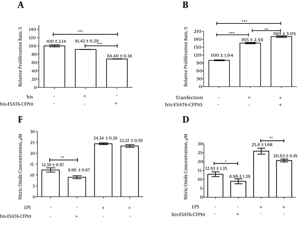 Cell Proliferation and NO Production Capacity Assays A, the proliferation of NR8383 or B, NR8383-EC in response to recombinant protein His-ESAT6-CFP10 was determined by WST-1 assay. The cells were stimulated with recombinant protein His-ESAT6-CFP10 at concentrations of 10 μg/mL, then proliferation was determined. At the same time, the purified product from BL21(DE3) (pET-32a) was used as a control. The NO generation effect of recombinant protein His-ESAT6-CFP10 on C, NR8383 or D, NR8383-EC was determined by the NO assay kit, according to the manufacturer’s instructions. The cells were pre-treated with or without LPS (1 μg/mL) for 4 hours, and were then stimulated with or without purified recombinant protein His-ESAT6-CFP10 (10 μg/mL) for 24 hours. NO generation was then determined. *P < 0.05, **P < 0.01, ***P < 0.001. The experiment was repeated three times.
