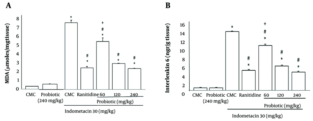 A, Effect of oral powder containing <i>Lactobacillus casei</i> metabolites on levels of lipid peroxidation; B, effect of oral powder containing <i>L. casei</i> metabolites on interleukin-6 (IL-6) concentration in tissue. Data are expressed as means ± SEM; n = 6. All groups were compared to carboxymethyl cellulose (CMC) group (* P < 0.05), indomethacin plus CMC (# P < 0.05), ranitidine plus indomethacin (+ P < 0.05) according to analysis of variance (ANOVA) followed by Tukey post-hoc test. A, Effect of oral powder containing <i>Lactobacillus casei</i> metabolites on levels of lipid peroxidation; B, effect of oral powder containing <i>L. casei</i> metabolites on interleukin-6 (IL-6) concentration in tissue. Data are expressed as means ± SEM; n = 6. All groups were compared to carboxymethyl cellulose (CMC) group (* P < 0.05), indomethacin plus CMC (# P < 0.05), ranitidine plus indomethacin (+ P < 0.05) according to analysis of variance (ANOVA) followed by Tukey post-hoc test.