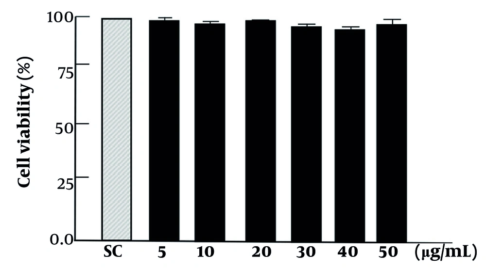 The activity of compound 3 (ARg1) does not affect the viability of the cells. The concentrations of ARg1 were incubated in wells with a density of 1 × 10<sup>5</sup> cells. Cell Counting Kit-8 (CCK-8) was used to assess the viability of the cell. Three independent experiments were shown as mean ± standard deviation (SD); SC, 10% dimethyl sulfoxide (DMSO). The activity of compound 3 (ARg1) does not affect the viability of the cells. The concentrations of ARg1 were incubated in wells with a density of 1 × 10<sup>5</sup> cells. Cell Counting Kit-8 (CCK-8) was used to assess the viability of the cell. Three independent experiments were shown as mean ± standard deviation (SD); SC, 10% dimethyl sulfoxide (DMSO).