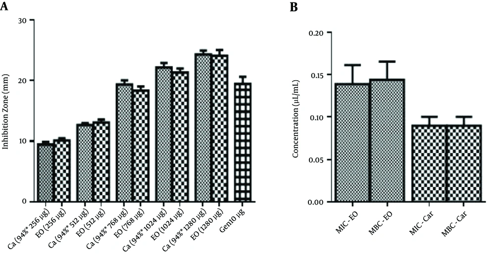 The Antibacterial Activity of <i>S. khuzestanica</i> Oil, Carvacrol, and Gentamicin Against Clinical Isolates A, The inhibition zone diameters by disk diffusion assay; B, MIC and MBC values by microbroth dilution assay. EO, <i>S. khuzestanica</i> essential oil; Ca, carvacrol; Gen, gentamicin; MIC, minimal inhibitory concentration; MBC, minimal bactericidal concentration.