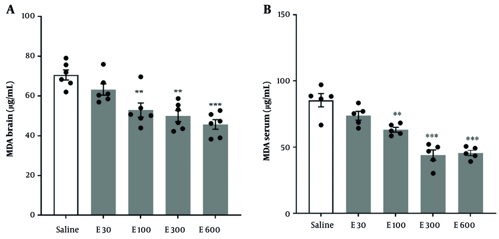 Effect of eucalyptol on MDA levels in the A, brain; and B, serum. Data are presented as mean ± SEM and were analyzed using one-way ANOVA followed by Tukey’s multiple comparison test. E: Eucalyptol at different doses. ** P < 0.01 and *** P < 0.001 compared to the saline-treated pentylenetetrazol (PTZ) group. Effect of eucalyptol on MDA levels in the A, brain; and B, serum. Data are presented as mean ± SEM and were analyzed using one-way ANOVA followed by Tukey’s multiple comparison test. E: Eucalyptol at different doses. ** P < 0.01 and *** P < 0.001 compared to the saline-treated pentylenetetrazol (PTZ) group.