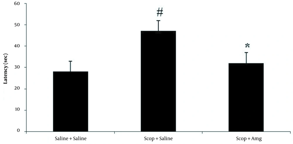 Effect of aminoguanidine on time to find the location of the platform during probe testing in the Morris water Maze test in all the experimental groups. Data are shown as means ± SEM. # P < 0.01: Compared to Saline + saline group; * P < 0.05: Compared to Scopolamine + saline group. Effect of aminoguanidine on time to find the location of the platform during probe testing in the Morris water Maze test in all the experimental groups. Data are shown as means ± SEM. # P < 0.01: Compared to Saline + saline group; * P < 0.05: Compared to Scopolamine + saline group.