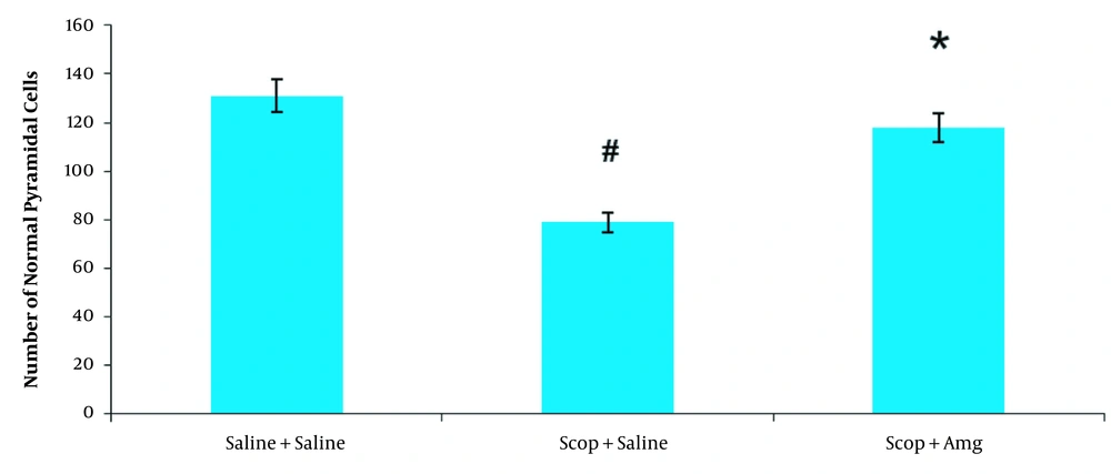 The amount of normal pyramidal cells in the CA1 region of the hippocampus in the saline + saline, Scopolamine + saline, and scopolamine + aminoguanidine groups. N = 10 in each group. Data are shown as means ± SEM. # P < 0.01: Compared to Saline + saline group; * P < 0.05: Compared to Scopolamine + saline group. The amount of normal pyramidal cells in the CA1 region of the hippocampus in the saline + saline, Scopolamine + saline, and scopolamine + aminoguanidine groups. N = 10 in each group. Data are shown as means ± SEM. # P < 0.01: Compared to Saline + saline group; * P < 0.05: Compared to Scopolamine + saline group.