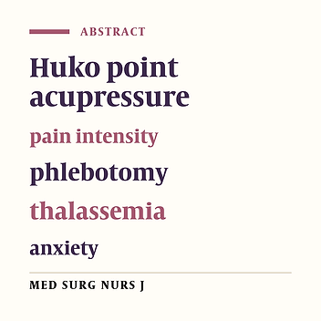 The effects of huko point massage with ice on intensity of pain due of Phlebotomy in children with thalassemia in Kerman Samen Alhojaj Medical Center, Iran