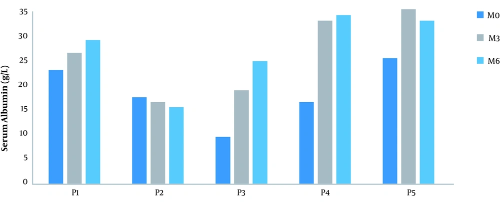 Serum albumin of each patient from M0 to M3 and M6 after Rituximab administration. An increase in serum albumin was noted in four patients at M3 and in three patients at M6. Serum albumin of each patient from M0 to M3 and M6 after Rituximab administration. An increase in serum albumin was noted in four patients at M3 and in three patients at M6.