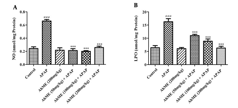 Effects of <i>Allium hooshidaryae</i> methanolic extract (AhME) on oxidant biomarkers of acetaminophen (APAP)-exposed Wistar rat. Statistical analysis used one-way ANOVA with Tukey’s test. Values are expressed as means ± SEM, n = 6 for each group. ###, P < 0.001 vs control group; ***, P < 0.001 vs APAP group; NO, nitric oxide (A); LPO, lipid peroxidation (B). Effects of <i>Allium hooshidaryae</i> methanolic extract (AhME) on oxidant biomarkers of acetaminophen (APAP)-exposed Wistar rat. Statistical analysis used one-way ANOVA with Tukey’s test. Values are expressed as means ± SEM, n = 6 for each group. ###, P < 0.001 vs control group; ***, P < 0.001 vs APAP group; NO, nitric oxide (A); LPO, lipid peroxidation (B).