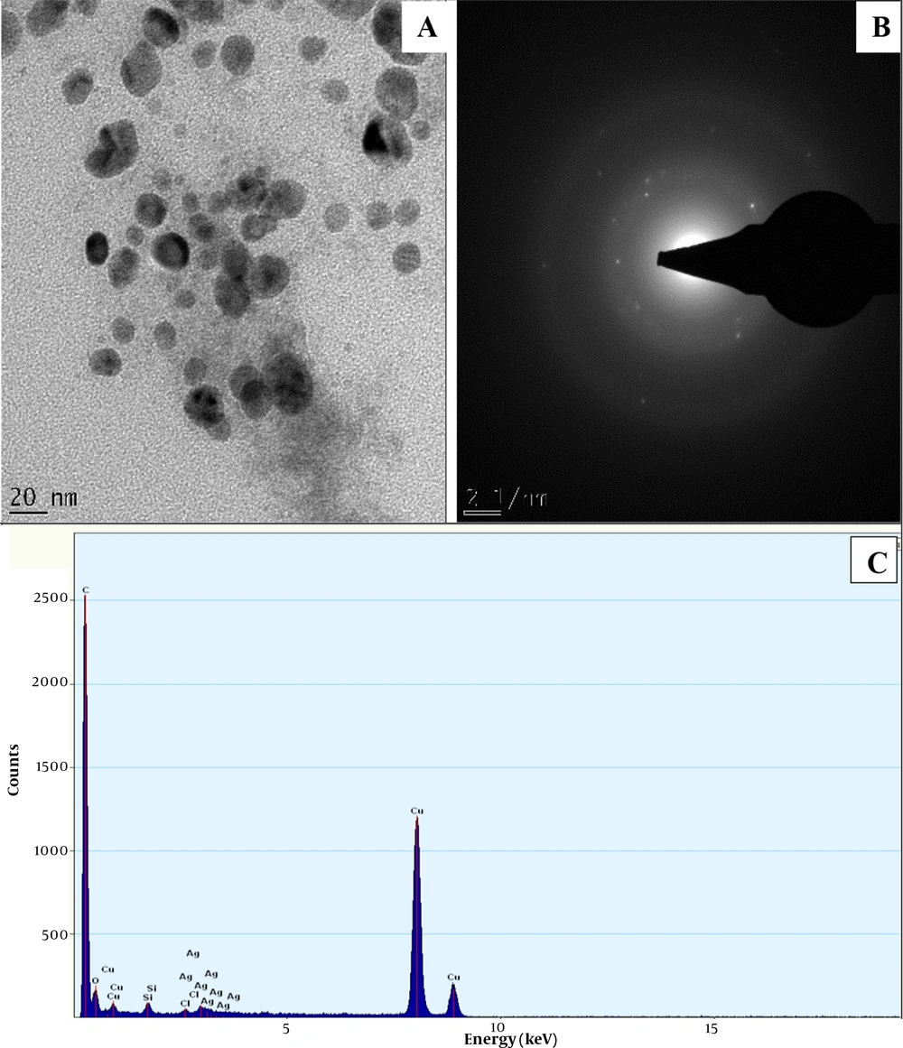 Characteristics of synthesized <i>Citrus limon</i> juice extract silver nanoparticles (CAgNPs); A, transmission electron microscopy image of CAgNPs; B, selected area electron diffraction of CAgNPs; C, energy-dispersive x-ray analysis of CAgNPs Characteristics of synthesized <i>Citrus limon</i> juice extract silver nanoparticles (CAgNPs); A, transmission electron microscopy image of CAgNPs; B, selected area electron diffraction of CAgNPs; C, energy-dispersive x-ray analysis of CAgNPs